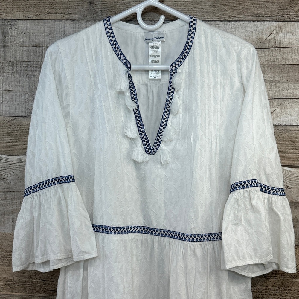 Tommy Bahama White Cotton Jacquard Tiered Tassel Mini Dress Navy Embroidery M/M - Picture 2 of 8
